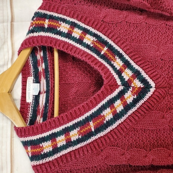 Vintage 90s Jamie Scott Red V-Neck Cable Knit Pullover Sweater Size Medium - Picture 2 of 8